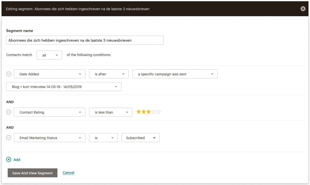 Mailchimp screenshot van een segment